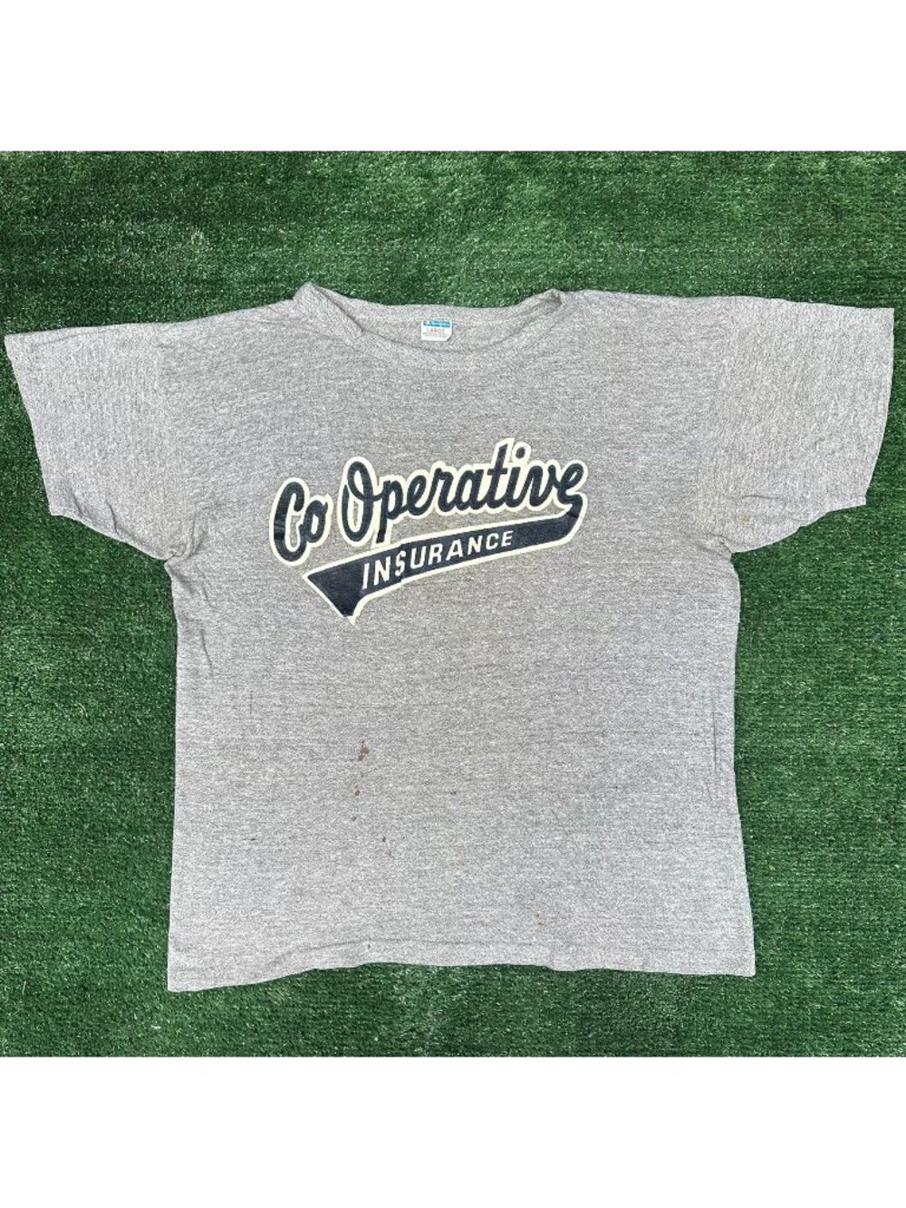 Vintage 80s Cooperative Insurance T-Shirt Gray L Single Stitch Paper Thin Grunge